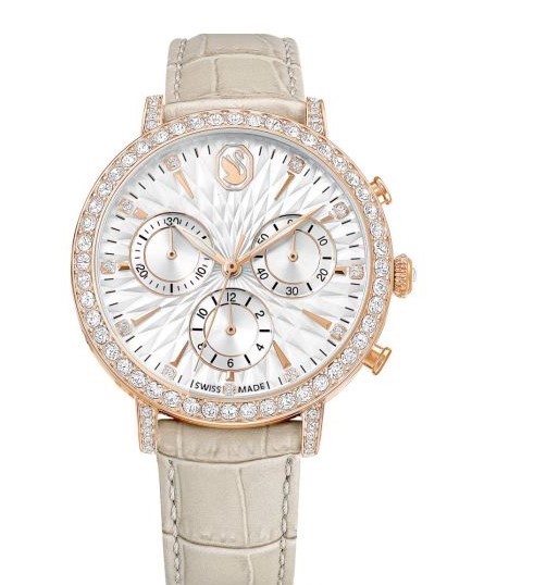 Swarovski Matrix Tennis Chrono Watch - Leather Strap Beige Rose Gold Tone